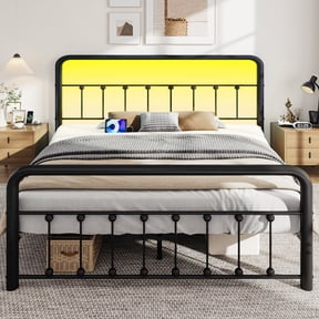 Lifezone Queen Bed Frame, Classic Metal Platform Bed Frame, with Charging Station and LED, No Need for Springs, Modern Black