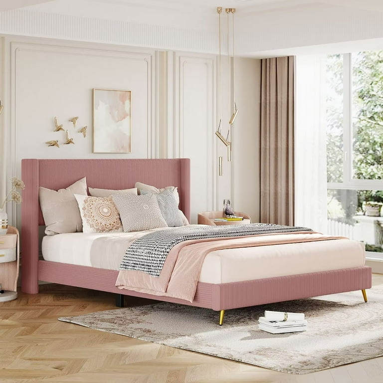 Queen Bed Frame Corduroy Upholstered Platform Bed with Wingback