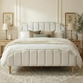 thumbnail image 1 of Queen Bed Frame Cream White Velvet, 48.8" Tall Arched Headboard and Footboard Set, Luxury Platform Bed with Gold Nailhead Trim, 6.3" Clearance for Robot, Vertical Tufted, Ivory, 1 of 9