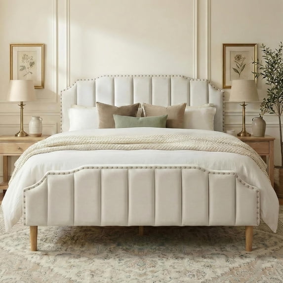 Queen Bed Frame Cream White Velvet, 48.8" Tall Arched Headboard and Footboard Set, Luxury Platform Bed with Gold Nailhead Trim, 6.3" Clearance for Robot, Vertical Tufted, Ivory