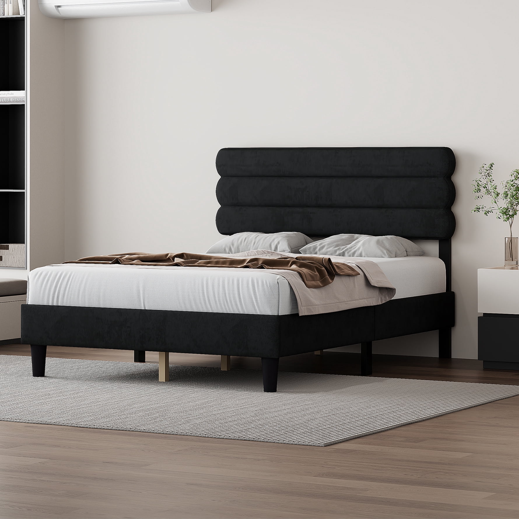 Queen Bed Frame with Elegant Velvet Headboard, Sturdy Platform Bed with Wooden Slats Support and ...