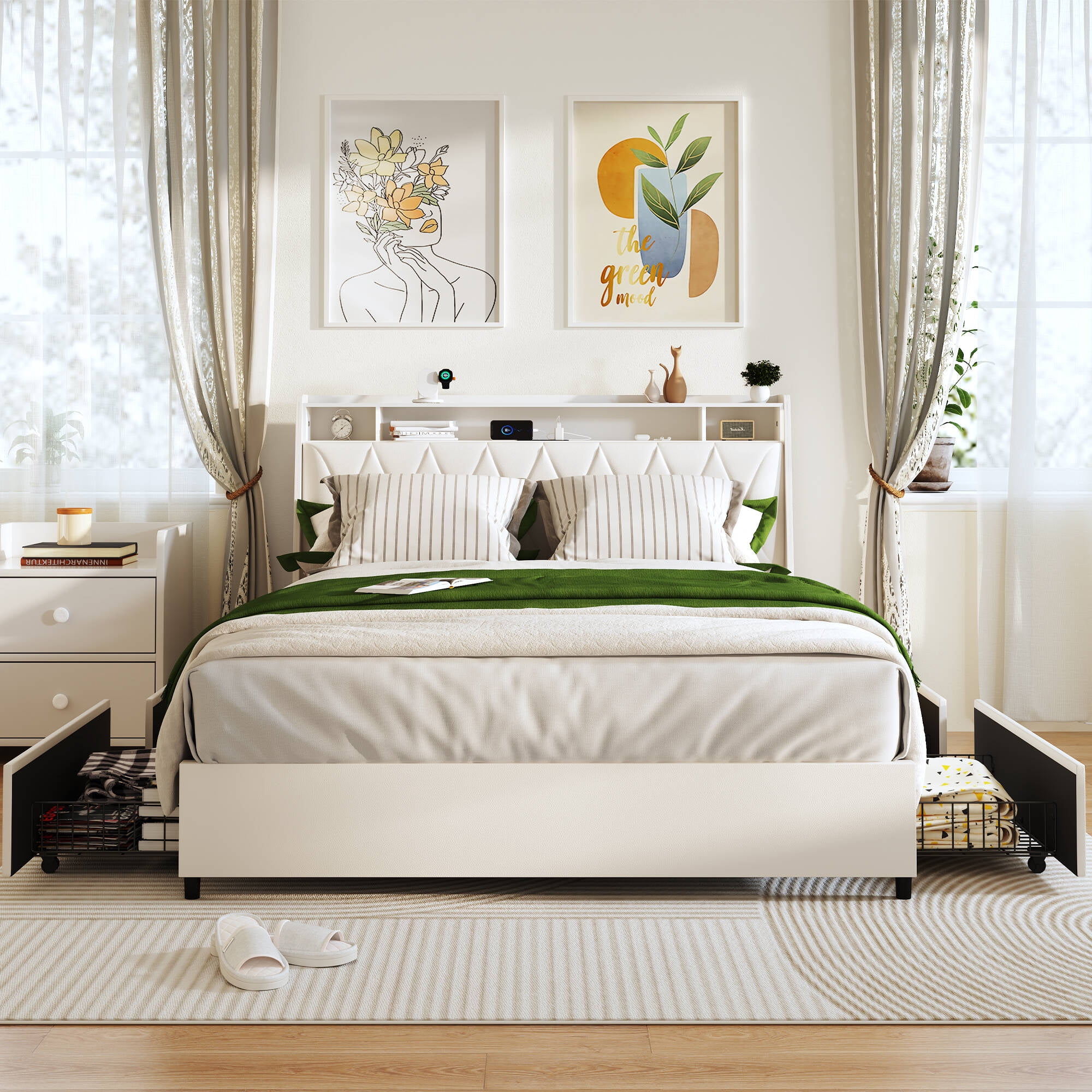 Nathaniel Home Bed Frame, Queen Size Metal, Ergonomic Headboard with Outlets & Storage Shelf, White