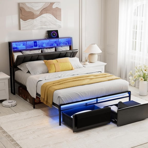 Queen Bed Frame with Ergonomic Hidden Storage headboard & Dustproof Drawers, Upholstered Platform Bed with LED Lights and Charging Station, Easy Assembly, No Box Spring Needed, Black
