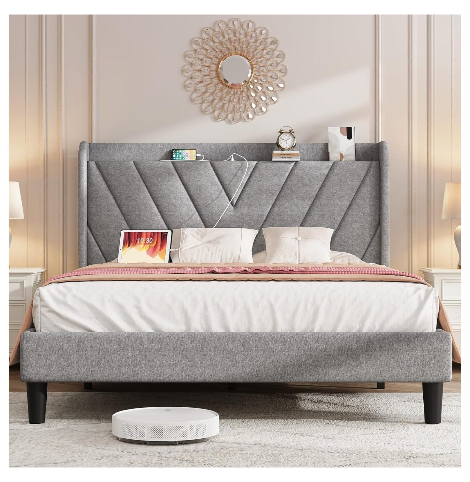 Queen Bed Frame, Fabric Adjustable Upholstered Platform Bed Frame with