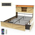 thumbnail image 1 of Wood Queen Bed Frame with Headboard & Storage Shelf, Holaki Farmhouse Queen Size Platform Bed Frame with 2 Drawers, Charging Station & LED Lights, Headboard with Sliding Barn Door, Natural, 1 of 9