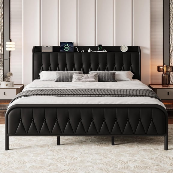 Queen Bed Frame with Fast Charging Station, Leather Queen Size Metal Platform Beds with Upholstered Headboard & Footboard,12" Underbed Storage Space,Easy Assembly,Noise-Free,Black