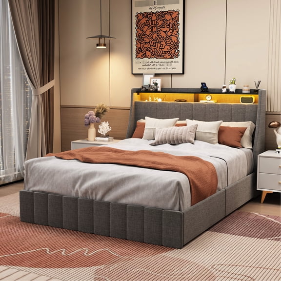 Queen Bed Frame Featuring Led & Storage Space - Grey With , 4 Under Sections,