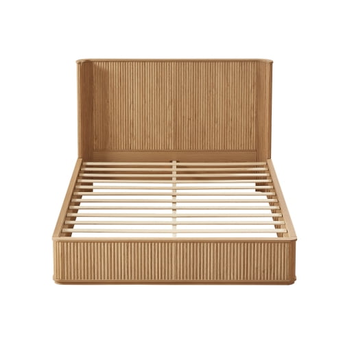 Queen Bed Frame with Fluted Headboard, No Box Spring Needed Platform Bed, Wooden Slat Support, Rounded Corners, Modern Natural Oak, 64.17 x 84.06 x 44.49 in