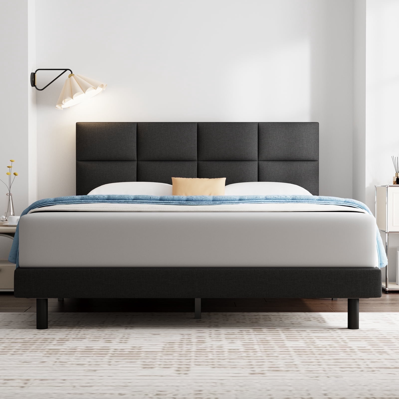 Queen Bed Frame, GELBIY Queen Bed Fabric Upholstered Headboard, Black, Sturdy Bed, Metal Furniture