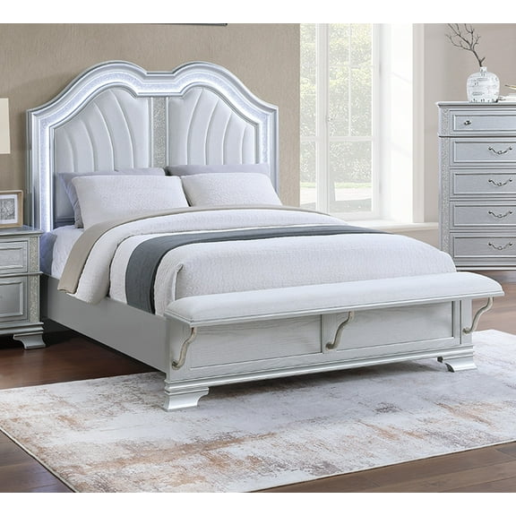 Queen Bed Frame: Gray Fabric Upholstered, Built-in Bench & LED Lights, Contemporary Bedroom Furniture, Pine/MDF, Modern Design, 64" HB