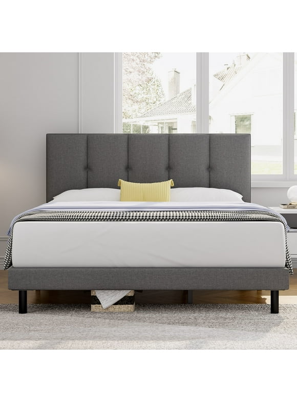 Queen Bed Frame, HAIIDE Queen Size Bed with Upholstered Headboard and Strong Wooden Slats, Light Grey