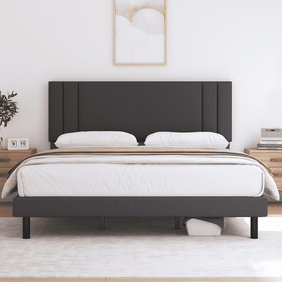 Queen Bed Frame,HAIIDE Queen Size Platform Bed Frame with Fabric Upholstered Headboard,No Box Spring Needed,Dark Grey