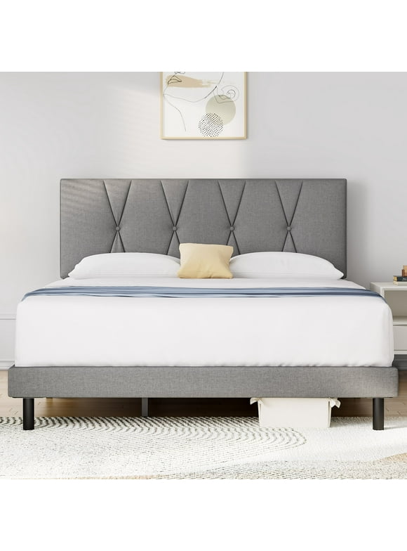 Queen Bed Frame, HAIIDE Queen Size Platform Bed With Fabric Upholstered Headboard, Light Grey