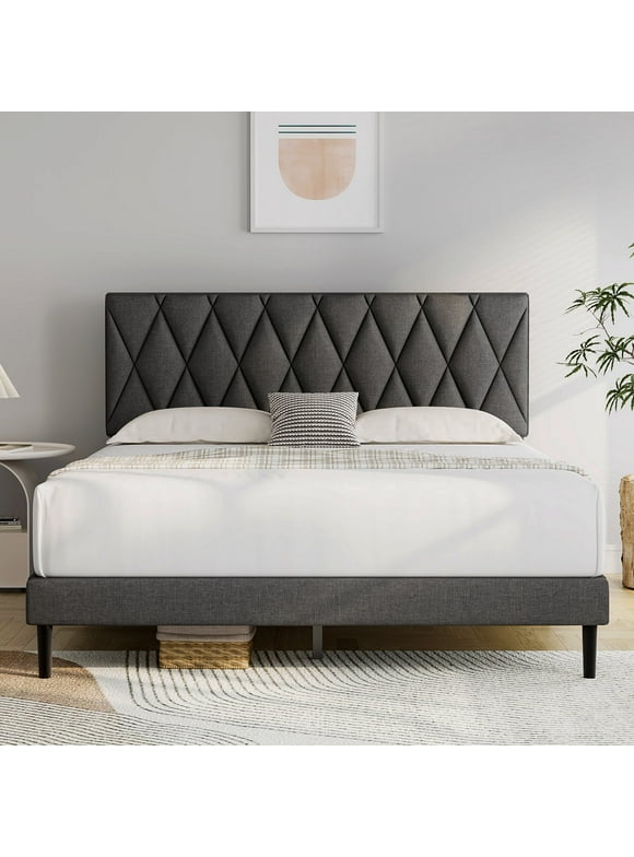 Queen Bed Frame, HAIIDE Queen Size Platform Bed with Upholstered Headboard, Dark Grey