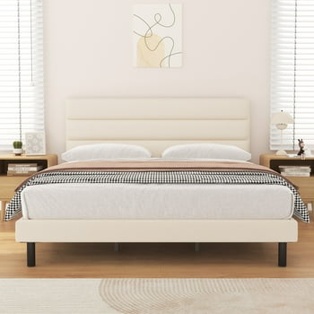 Queen Bed Frame, HAIIDE Queen Size Platform Bed with Wingback Fabric Upholstered Headboard, Beige