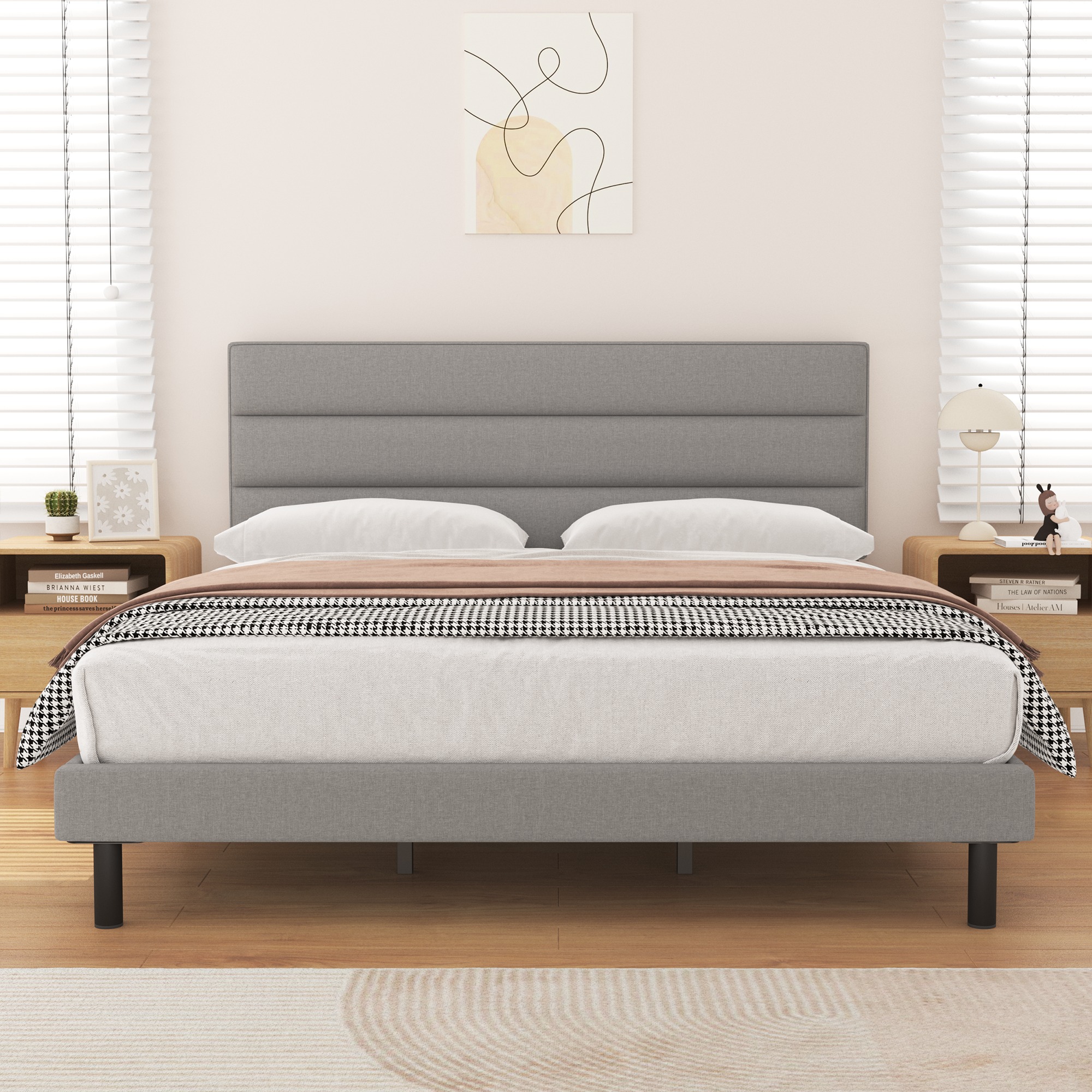 Queen Bed Frame, HAIIDE Queen Size Platform Bed with Wingback Fabric Upholstered Headboard, Light Gray - image 1 of 8