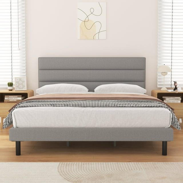 Queen Bed Frame, HAIIDE Queen Size Platform Bed with Wingback Fabric Upholstered Headboard, Light Gray