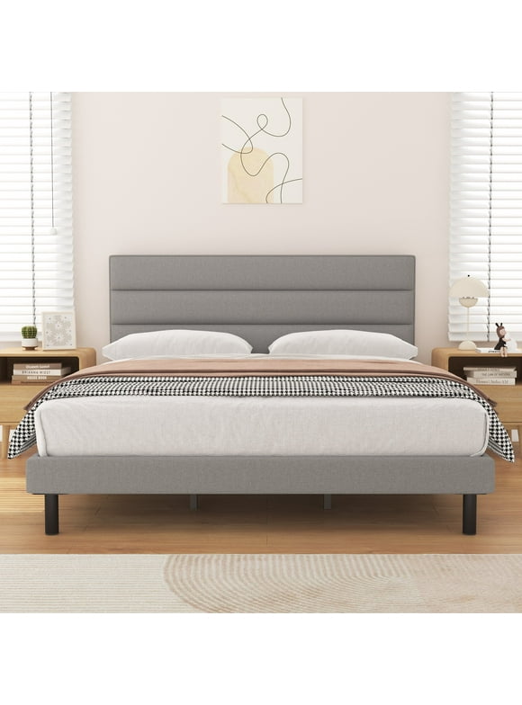 Queen Bed Frame, HAIIDE Queen Size Platform Bed with Wingback Fabric Upholstered Headboard, Light Gray