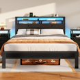 thumbnail image 1 of Queen Bed Frame with Headboard & 2 Fabric Drawers, Bed Frame Queen Size Featuring LED Lights, Built-in Charging Station & Storage Shelves, Metal Slats, No Box Spring Needed – Black Oak, 1 of 18