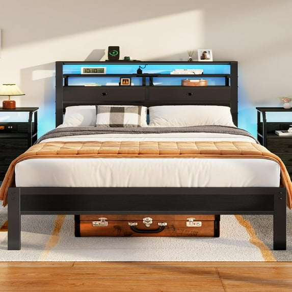 Queen Bed Frame with Headboard & 2 Fabric Drawers, Bed Frame Queen Size Featuring LED Lights, Built-in Charging Station & Storage Shelves, Metal Slats, No Box Spring Needed – Black Oak