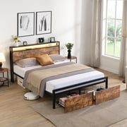 Queen Bed Frame with Headboard,2 Storage Drawers,Led Lights,Charging Station,Platform Bed,Solid and Stable, Noise Free, No Box Spring Needed, Easy Assembly