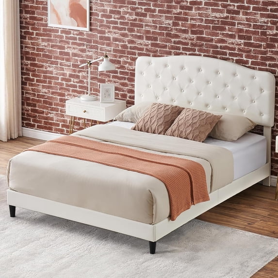 Queen Bed Frame with Headboard Adjustable, Leather Platform Bed Upholstered Full Size, Button Tufted Mattress Foundation, Wooden Slat Support, No Box Spring Needed, White