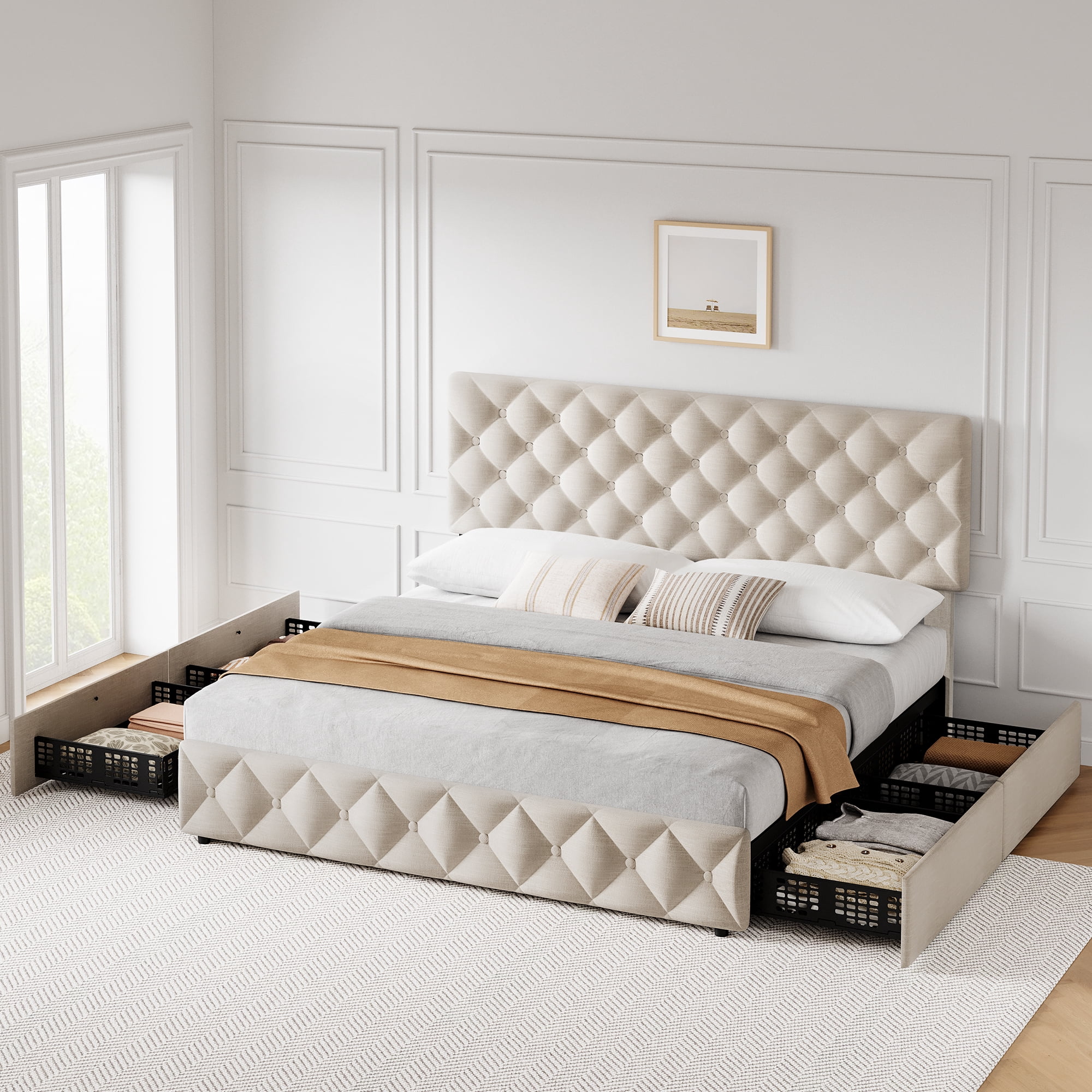 Queen Bed Frame with Headboard Adjustable, Linen Upholstered Size Platform Bed Frame with 4 Drawers, Modern Queen Bedframe, Wooden Slats Supports, No Box Spring Needed, Diamond Stitched Button, Beige