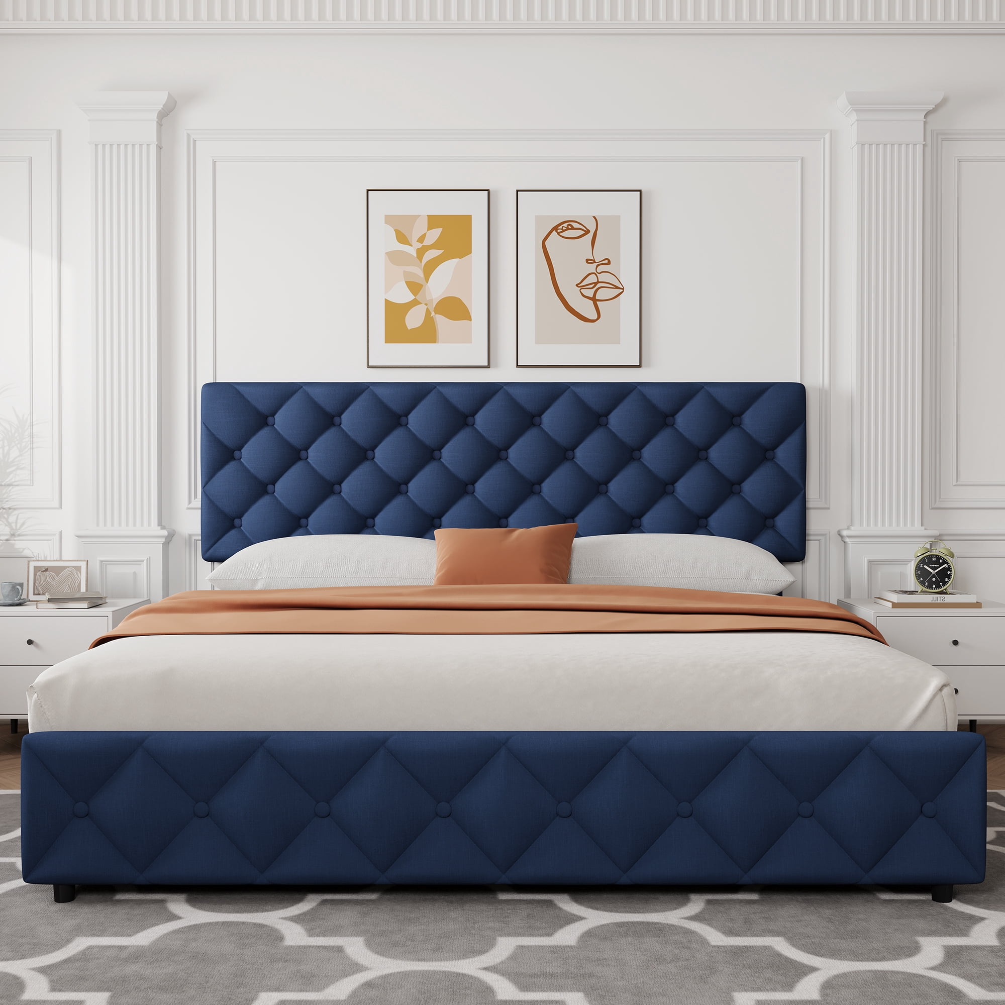 Queen Bed Frame with Headboard Adjustable, Linen Upholstered Size Platform Bed Frame with 4 Drawers, Modern Queen Bedframe, Wooden Slats Supports, No Box Spring Needed, Diamond Stitched Button, Beige