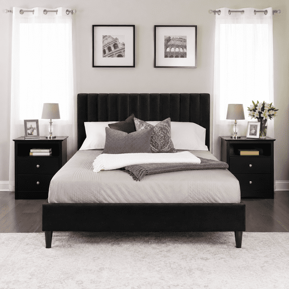 Queen Bed Frame with Headboard, Black Velvet Upholstered Bed Black velvet queen bed frame with adjustable tufted headboard, wood slats, noise free support and no box spring needed.