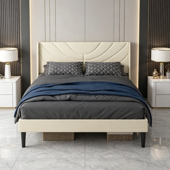 Queen Bed Frame with Headboard, Boho Fluffy Cloud Upholstered Platform Bed with Soft Rounded Corners and Wooden Slats, No Box Spring Needed, Easy Assembly, Beige