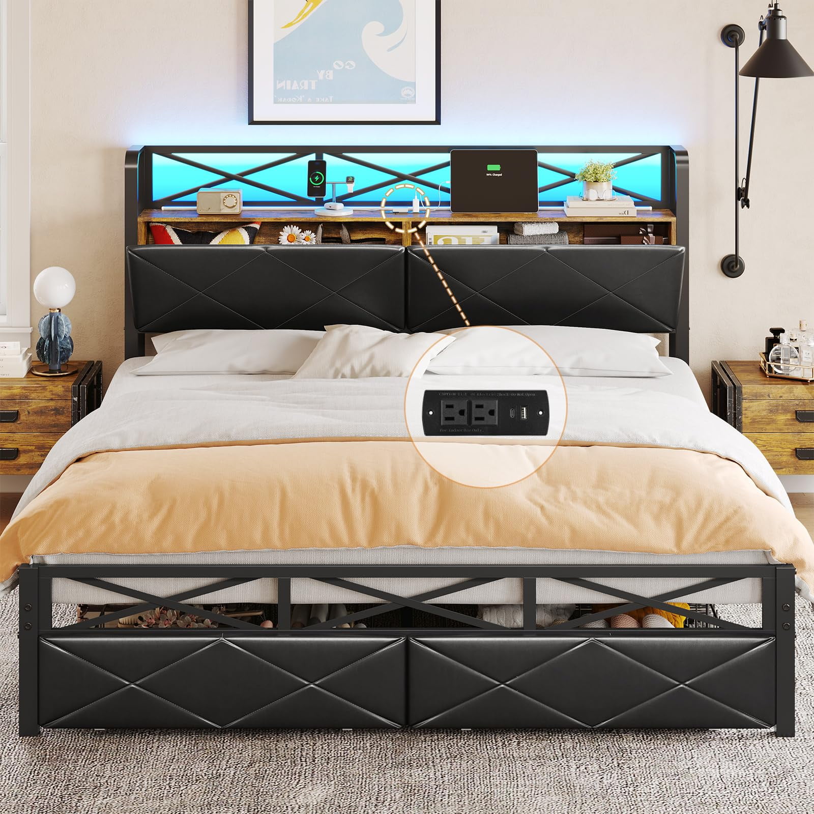 Queen Bed Frame with Headboard&Charging Station&Led Lights, Faux — free download