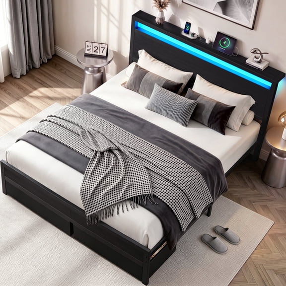 Lifezone Queen Bed Frame with Headboard, Bed Frame with Charging Station & LED Light, 2 Drawers, Storage Shelf, Noise-Free, No Box Spring Needed, Easy Assembly, Classic Black