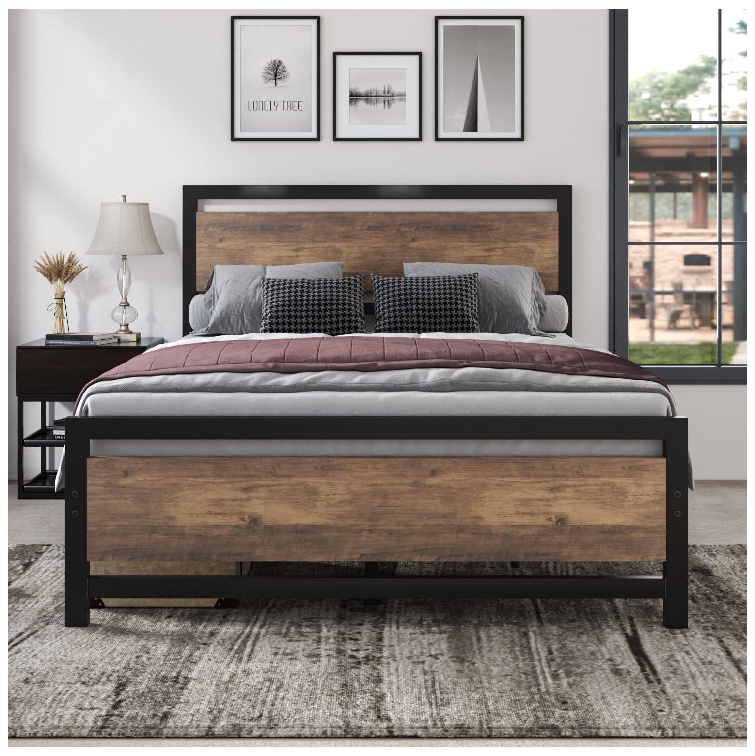 Queen Bed Frame with Headboard and Footboard, Industrial Platform Bed Queen with Heavy Duty