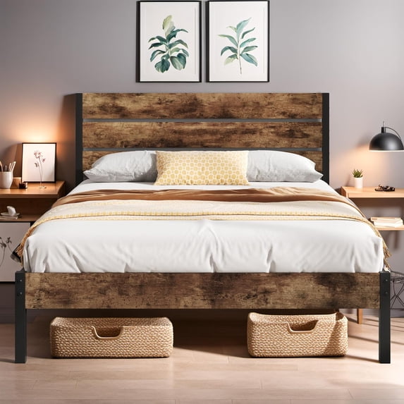 Queen Bed Frame with Headboard and Footboard, Metal Queen Bed Frame with Under-Bed Storage, All-Metal Support System, No Box Spring Needed, Easily Assemble, Vintage Brown