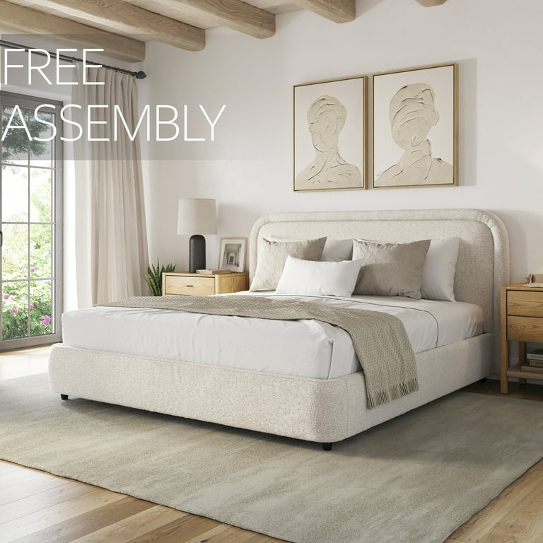 Queen Bed Frame with Headboard Free Assembly Boucle Color Upholstered Queen Size Beds Sturdy Wood Platform Bedframe Non Slip and Noise Free Modern Style Soft Rounded Corners Walmart
