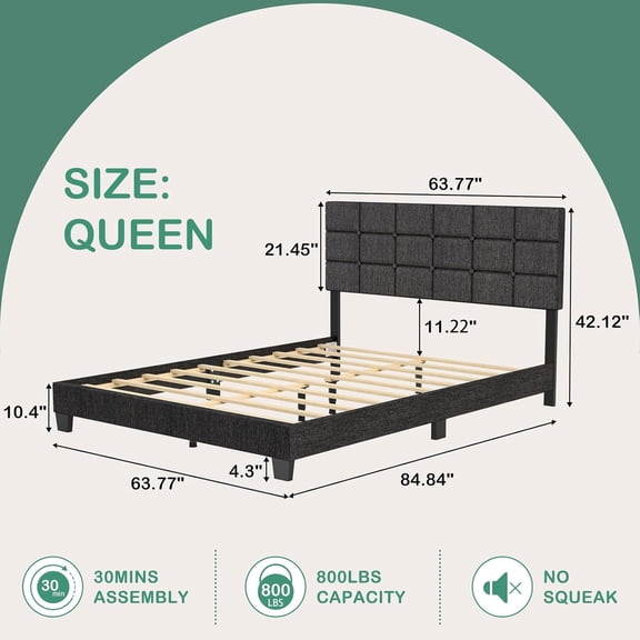 Queen Bed Frame with Headboard, Linen Upholstered Platform Bed Frame with Wood Slats Support, Queen Size Bed Frame with Adjustable Headboard and No Box Spring Needed (Grey Checkerboard)
