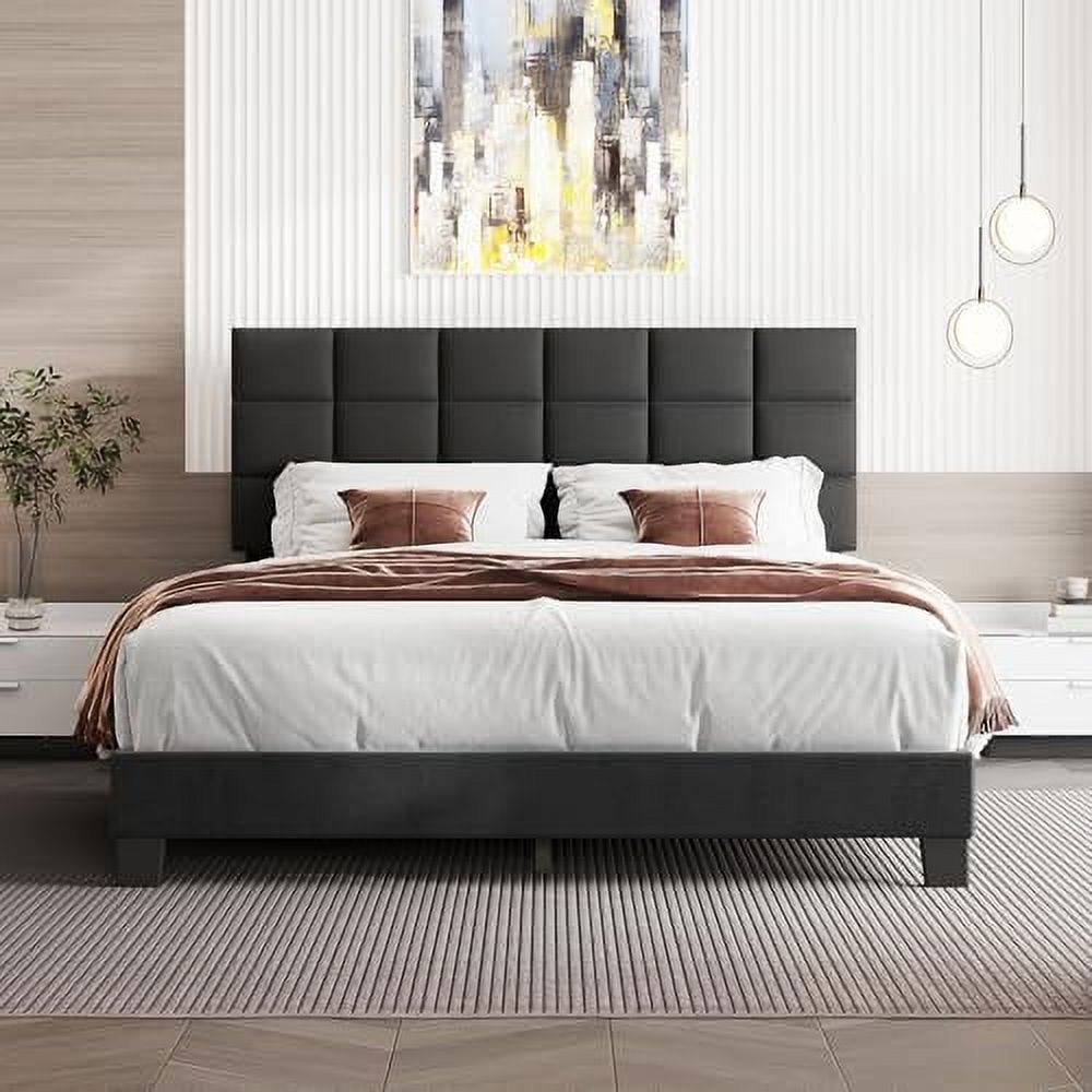 Queen Bed Frame with Headboard Linen Upholstered Bed Frame with Wood ...