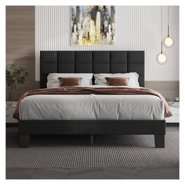 Queen Bed Frame with Headboard Linen Upholstered Bed Frame with Wood