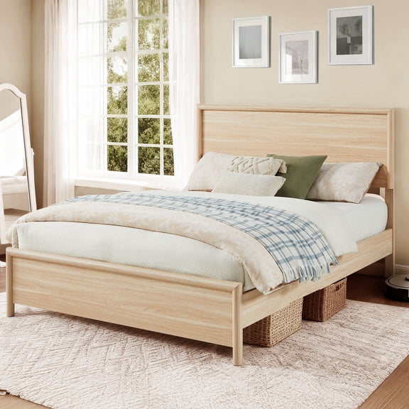Queen Bed Frame with Headboard, Mid-Century Modern Queen-Size Bedframe with Wood Slat Support, Noise Free, No Box Spring Needed, 1000Lb Capacity, Easy Assembly, Grain Wood Furniture (Natural Ash)