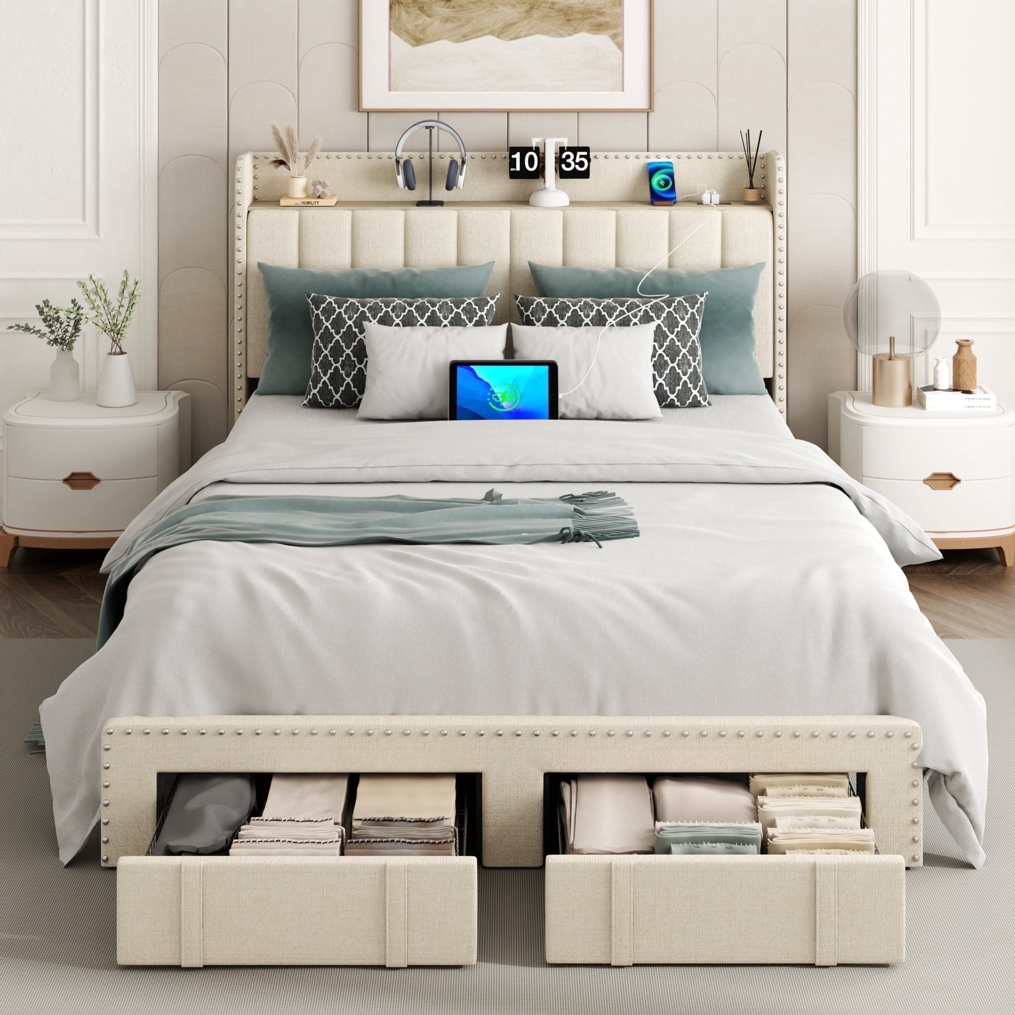 Queen Frame VIPLOV Queen Bed Frame With Headboard and Storage, Platform Bed Frame ...