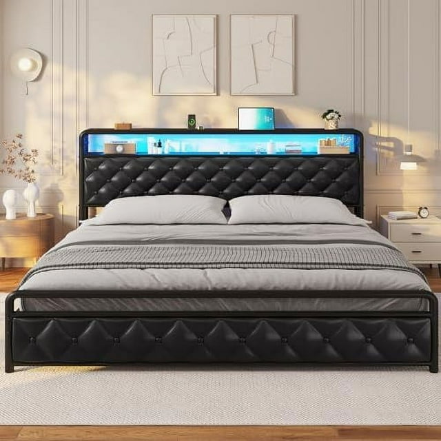 Queen Bed Frame with Headboard & USBC Charging Station Faux Leather