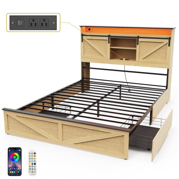 Wood Full Bed Frame with Headboard & Storage Shelf, Holaki Farmhouse Full Size Platform Bed Frame with 2 Drawers, Charging Station & LED Lights, Headboard with Sliding Barn Door, Natural