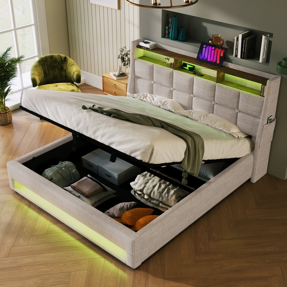 Queen Bed Frame with Hydraulic Storage System Upholstered Platform Bed