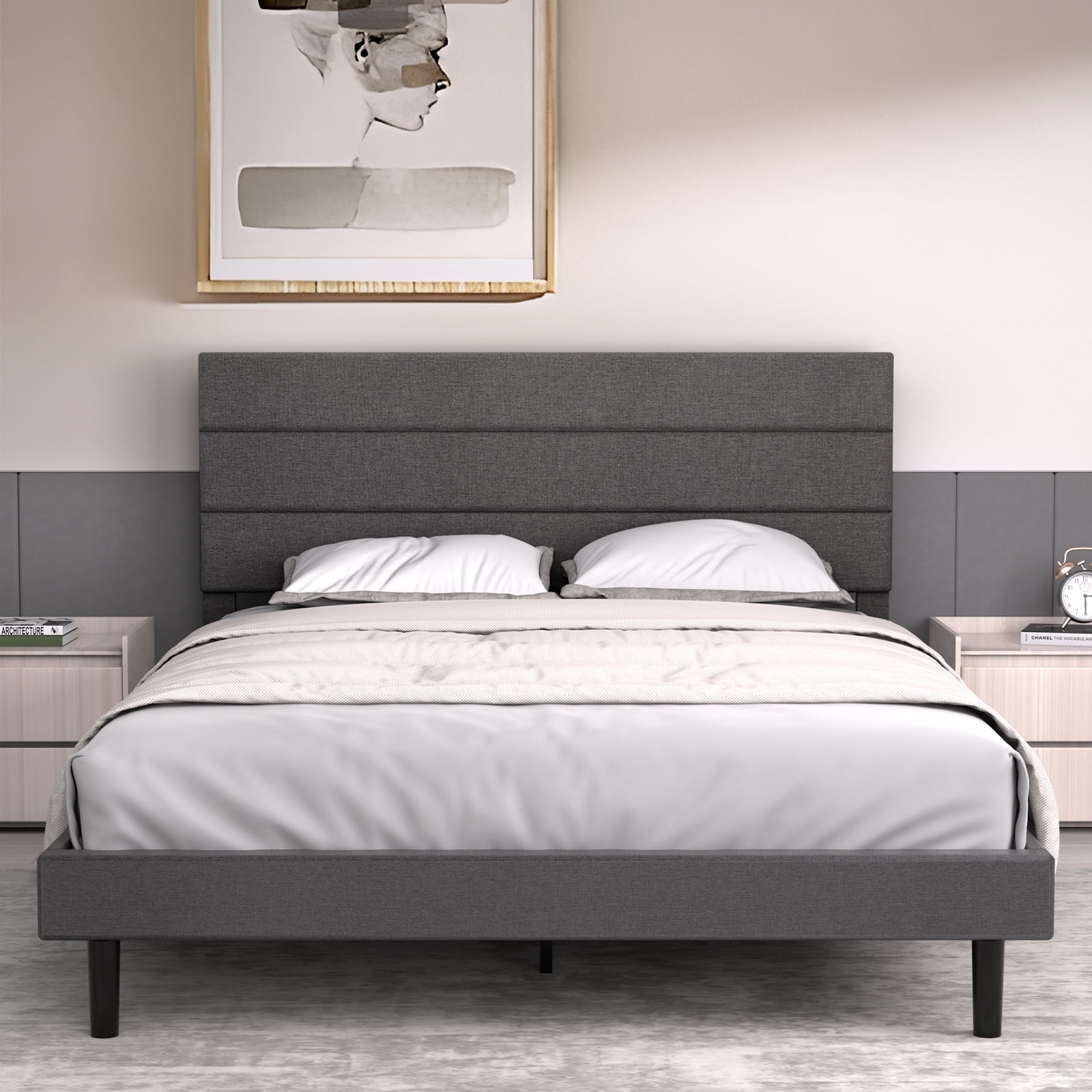 LAFGUR Queen Size Platform Bed Frame with Fabric Upholstered Headboard ...