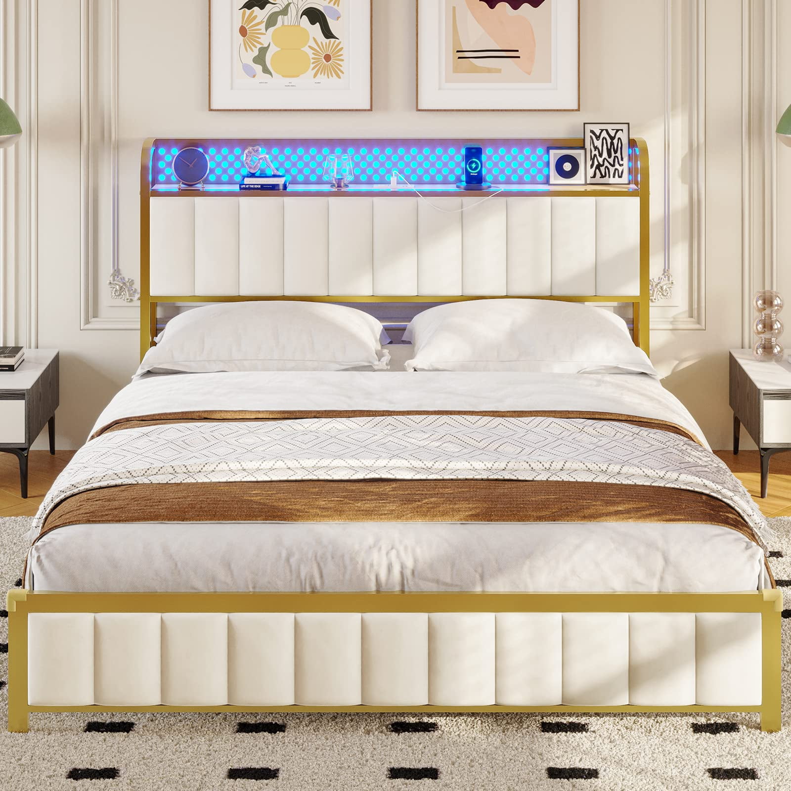 Queen Bed Frame, LED Bed Frame with Storage Headboard, USB Ports ...