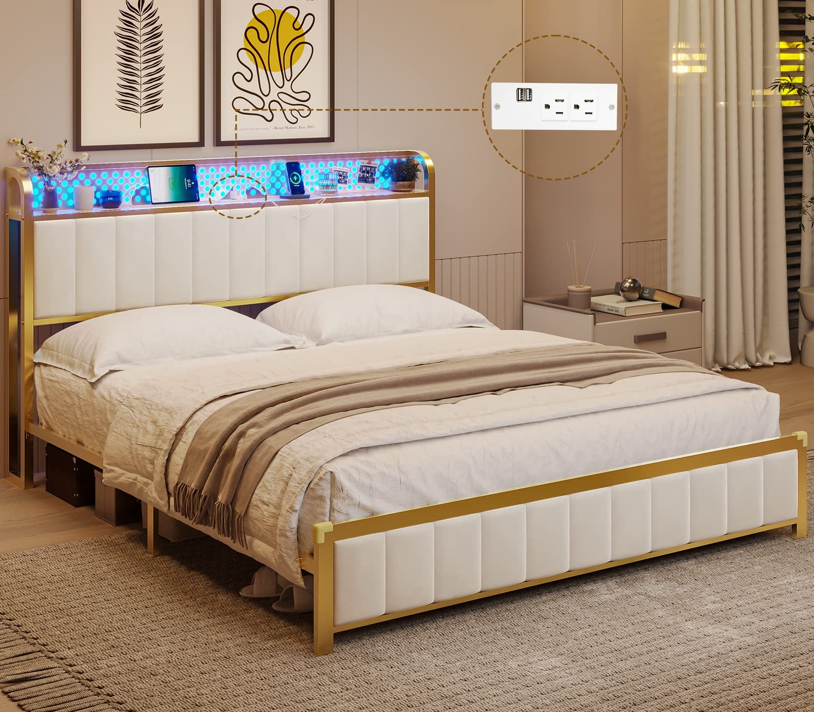 Queen Bed Frame, LED Bed Frame with Storage Headboard, USB Ports & Outlets, Upholstered Platform