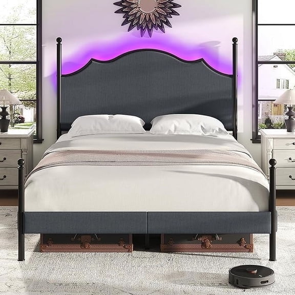 VanAcc Queen Bed Frame with LED Light & Arch Headboard, Modern Corduroy Upholstered Platform Bed with Metal Poster, Easy Assembly, Dark Gray