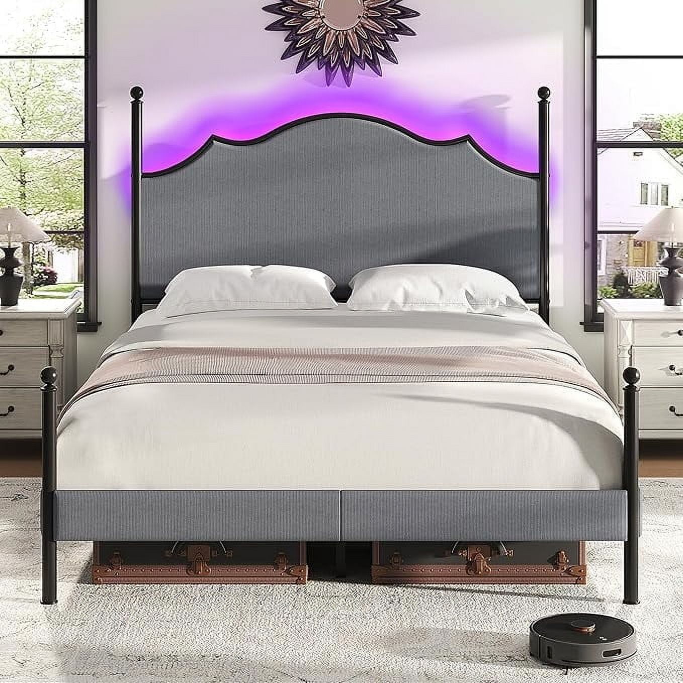 VanAcc Queen Bed Frame with LED Light & Arch Headboard, Modern Corduroy Upholstered Platform Bed with Metal Poster, Easy Assembly, Light Gray