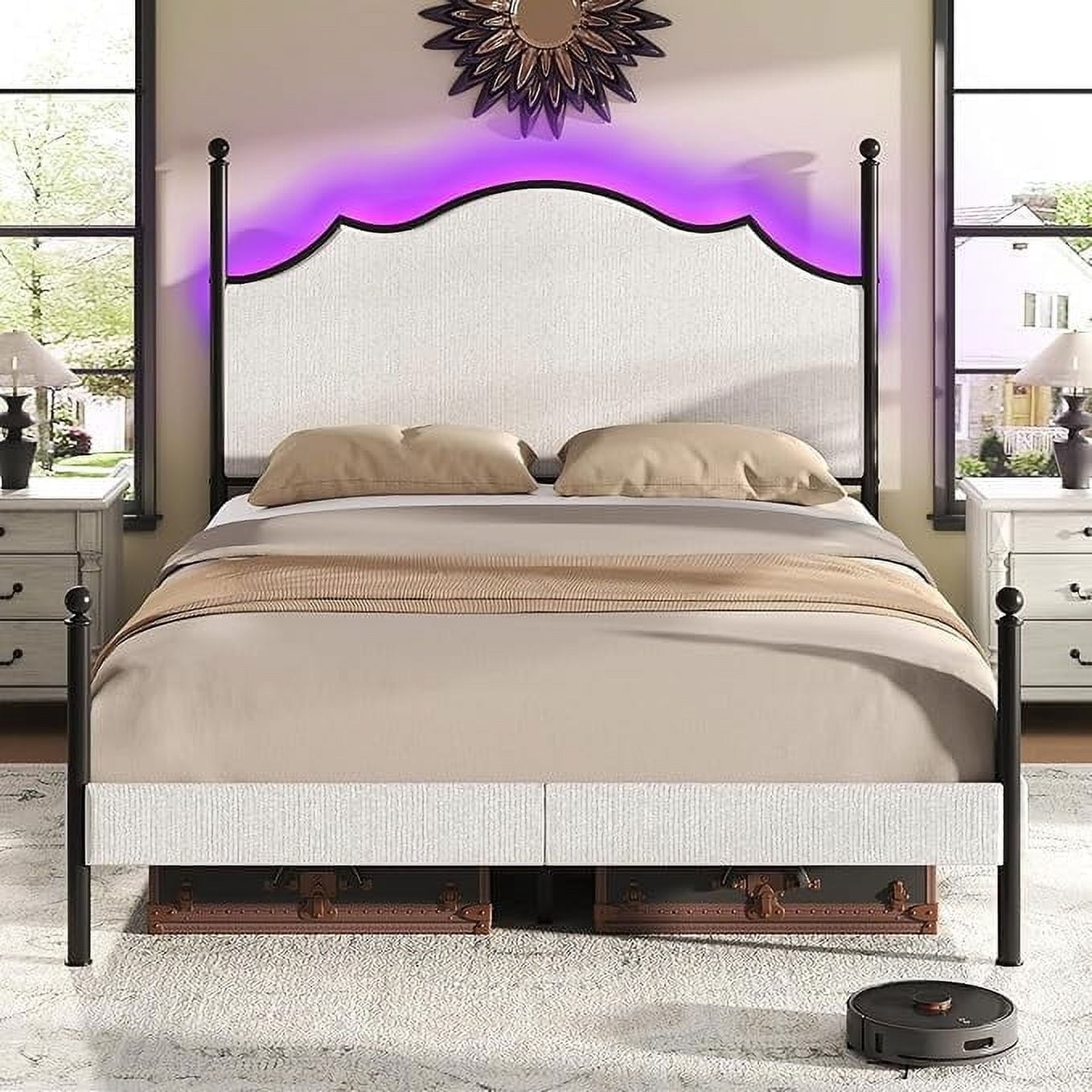 VanAcc Queen Bed Frame with LED Light & Arch Headboard, Modern Corduroy Upholstered Platform Bed with Metal Poster, Easy Assembly/Noise Free, White