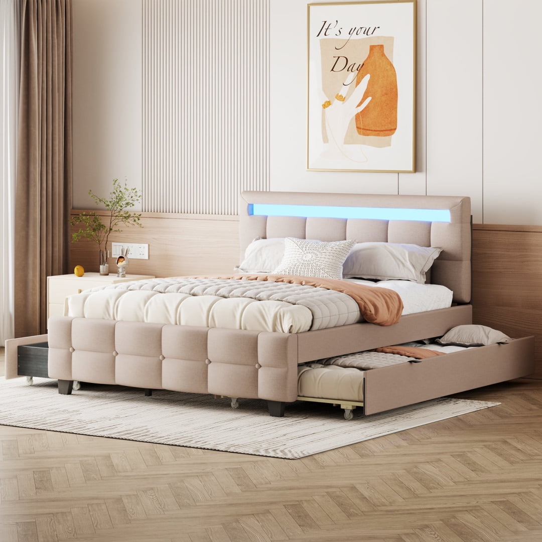 Beige Queen Upholstered Platform Bed with LED Headboard and Storage